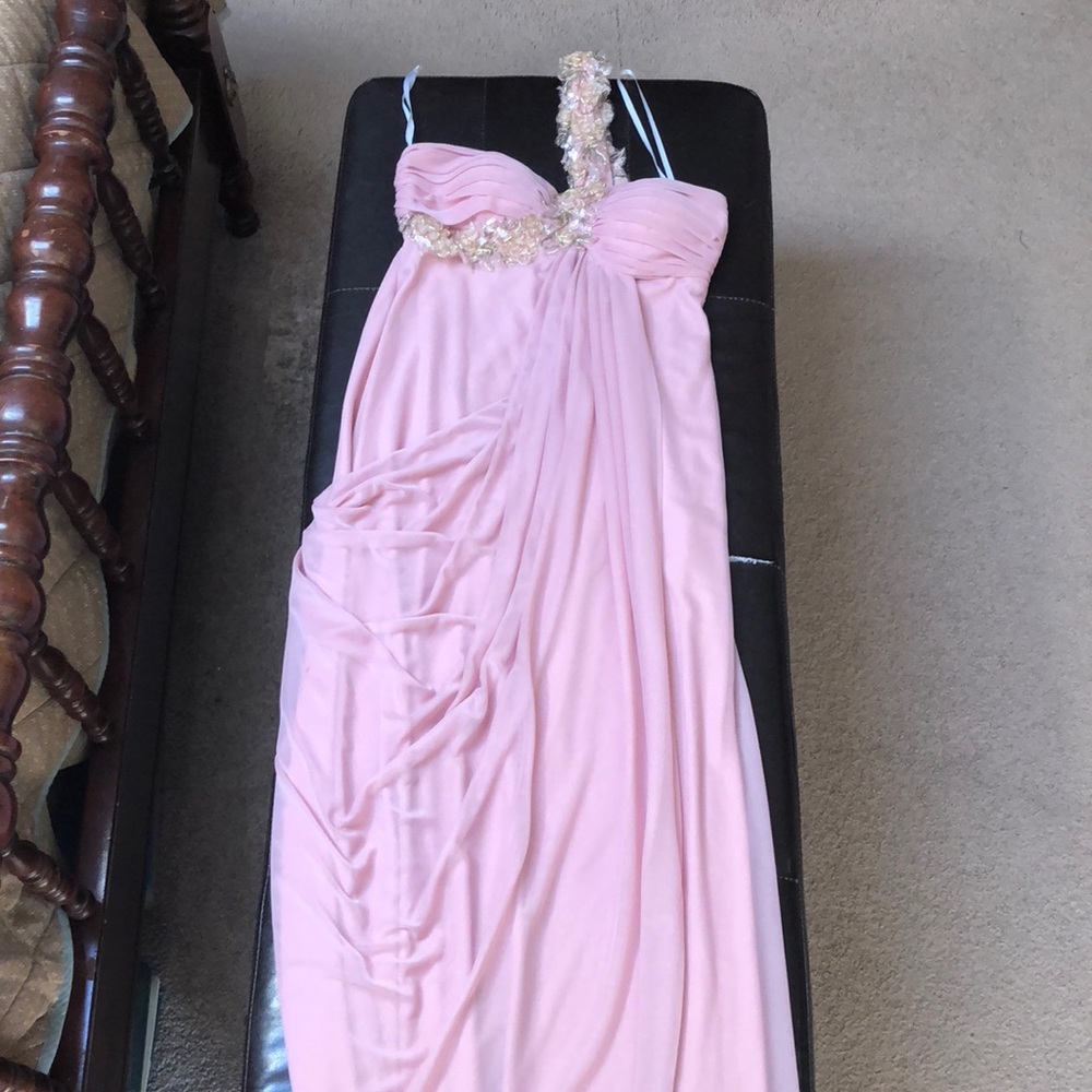 Blush one shoulder maxi gown